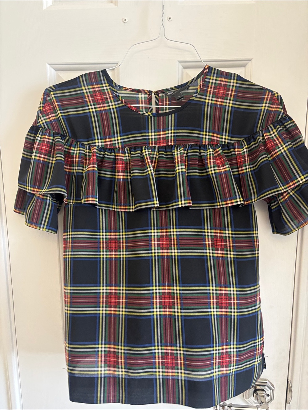 J Crew Women’s Plaid Ruffle Top - Navy Multicolor